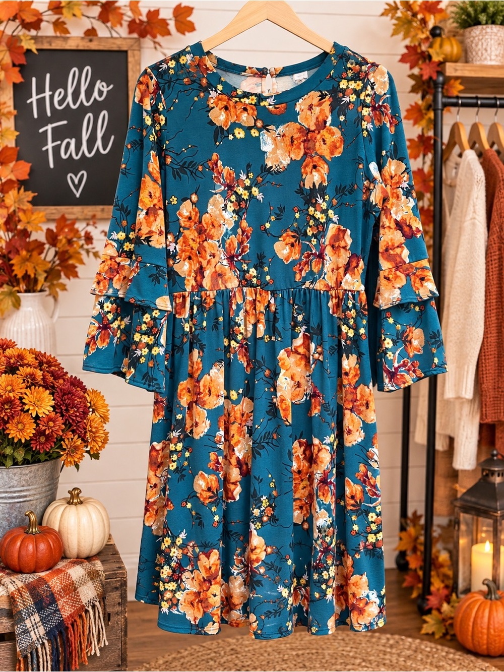 Gilli Teal Floral Ruffle-Sleeve Dress with Orange Blooms